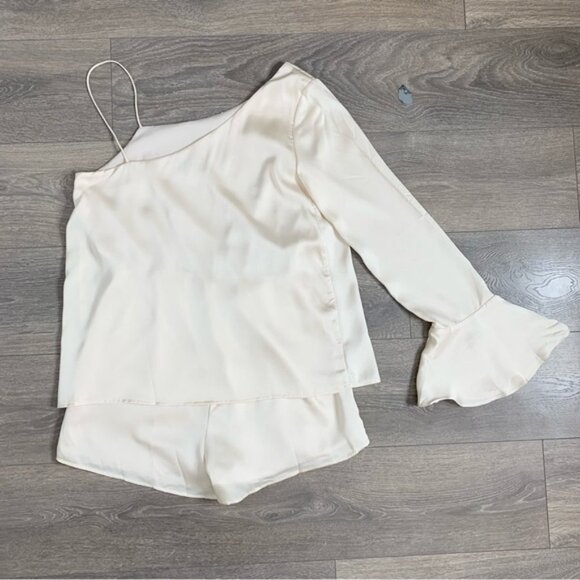 Sabo Skirt Luxe Satin Romper One Shoulder Flare Long Sleeve Playsuit Jumpsuit - Picture 16 of 16